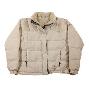 Columbia Down Sherpa Puffer Jacket Womens Large Stone White Corduroy‎ Ruby $240
